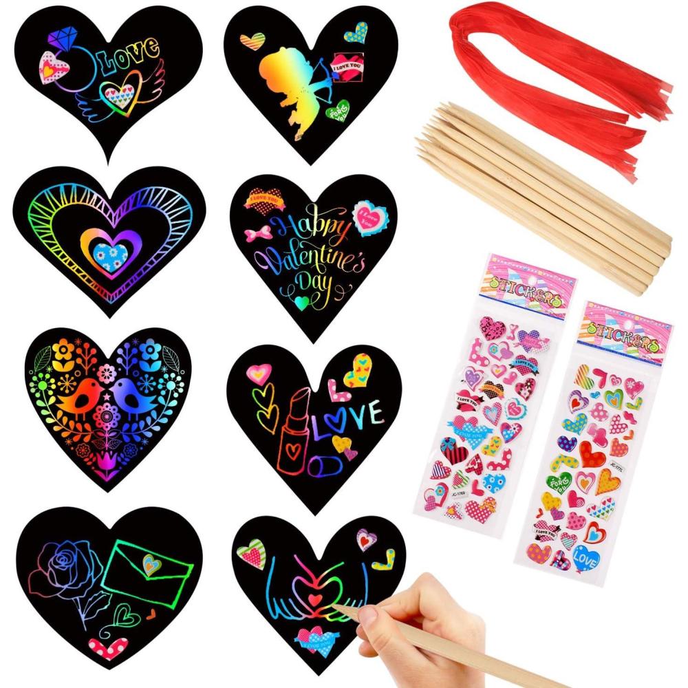 image:image28 Pieces Valentine Crafts Scratch Paper Ornaments Heart Shape Rainbow Scratch Craft Art with 28 Pieces Wooden Styluses28 Pieces Ribbons and 2 3D Puffy Stickers for Valentine DIY Art Decorations