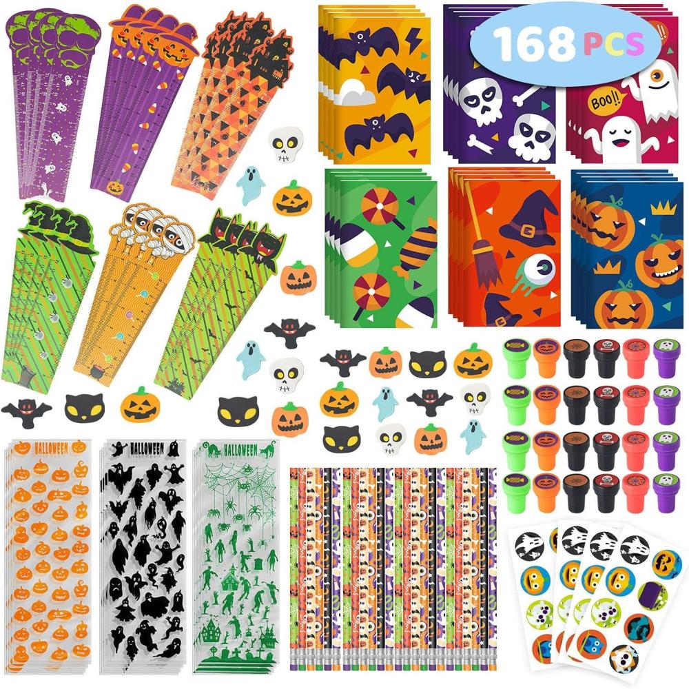 image:imageSpringFlower 168pcs Halloween Party Favors For Kids Halloween Stationery set  Halloween Goody Bag Fillers including Pencil Eraser Ruler Notepad Stamper Sticker For Trick or Treat