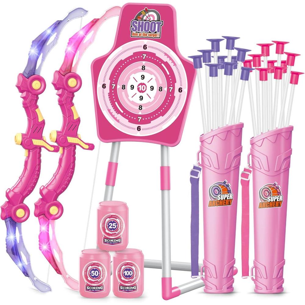 image:imageSpringFlower 2 Bow and Arrow Sets with LED Lightup2 Foam Dart Guns for Kids 5 6 7 8 9 10 Years Old Archery Set with Standing Target for Boys amp Girl Ideal GiftPink