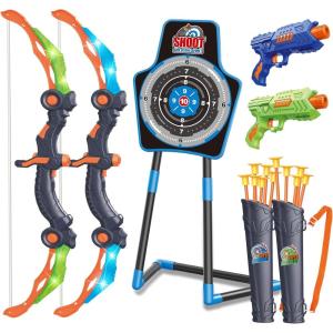 SpringFlower 2 Bow and Arrow Sets with LED Light-up,2 Foam Dart Guns for Kids 5 6 7 8 9 10+ Years Old, Archery Set with Standing Target for Boys & Girl, Ideal Gift(Blue)