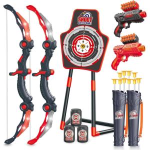 SpringFlower 2 Bow and Arrow Sets with LED Light-up,2 Foam Dart Guns for Kids 5 6 7 8 9 10+ Years Old, Archery Set with Standing Target for Boys & Girl, Ideal Gift(Red)