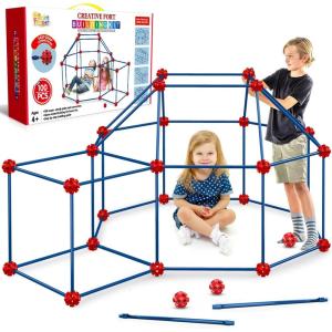 SpringFlower Fort Building Kit for Kids,STEM Construction Toys, Educational Gift for 3 4 5 6 7 8 9 10 11 12 Years Old Boys and Girls,Ultimate Creative Set for Indoor & Outdoors Activity,100 Pcs(100-blue)