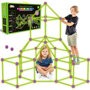 SpringFlower Fort Building Kit for Kids,STEM Construction Toys, Educational Gift for 3 4 5 6 7 8 9 10 11 12 Years Old Boys and Girls,Ultimate Creative Set for Indoor & Outdoors Activity,100 Pcs(Glow Green-200)