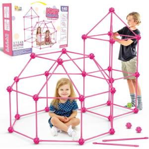 SpringFlower Fort Building Kit for Kids,STEM Construction Toys, Educational Gift for 3 4 5 6 7 8 9 10 11 12 Years Old Boys and Girls,Ultimate Creative Set for Indoor & Outdoors Activity,100 Pcs(Pink)