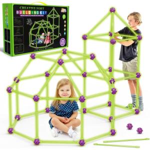 SpringFlower Fort Building Kit for Kids,STEM Construction Toys, Educational Gift for 3 4 5 6 7 8 9 10 11 12 Years Old Boys and Girls,Ultimate Creative Set for Indoor & Outdoors Activity,100 Pcs(Glow Green)