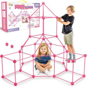 SpringFlower Fort Building Kit for Kids,STEM Construction Toys, Educational Gift for 3 4 5 6 7 8 9 10 11 12 Years Old Boys and Girls,Ultimate Creative Set for Indoor & Outdoors Activity,100 Pcs(Pink-200)
