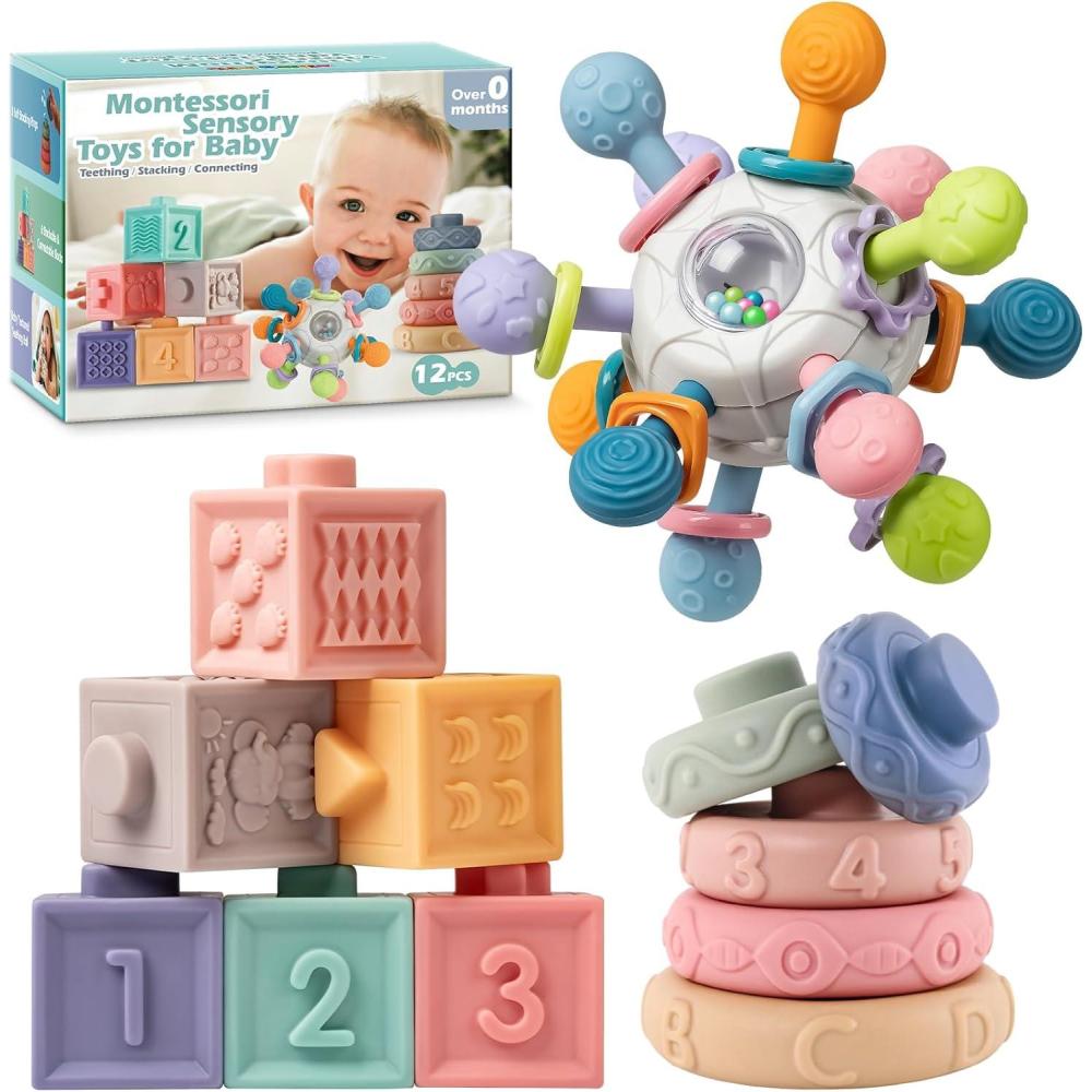 image:imageSpringFlower 3 in 1 Montessori Toys for Babies 03612 Months Rattle Teether amp Baby Blocks amp Soft Stacking Rings Sensory Developmental Education ToysGift for Toddler Baby 0361218 Months