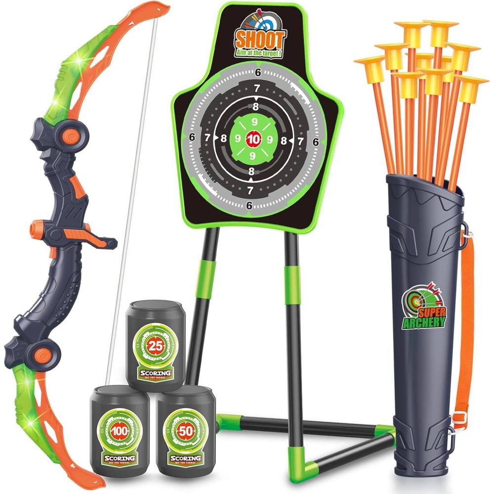 image:imageSpringFlower Bow and Arrow Toys for Kids Archery Set Includes Super Bow with LED Lights 10 Suction Cups ArrowsArchery Set with Standing Target and 3 Target Cans for Boys and Girls