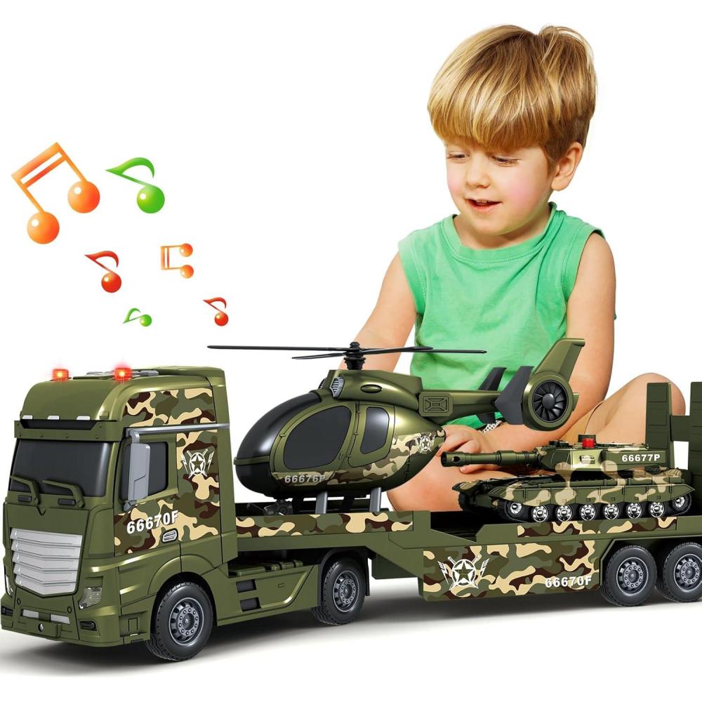 image:imageSpringFlower Toddler Boy Toys 25 Large Police Truck Toy with Racing Car and Helicopter3 in 1 Police Car Boy Toy Christmas Birthday Gifts for Kids 3 4 5 6 Years OldArmy Truck