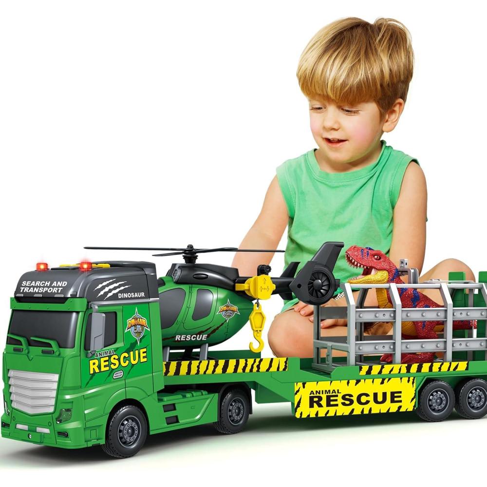 image:imageSpringFlower Toddler Boy Toys 25 Large Police Truck Toy with Racing Car and Helicopter3 in 1 Police Car Boy Toy Christmas Birthday Gifts for Kids 3 4 5 6 Years OldDinosaurs Truck