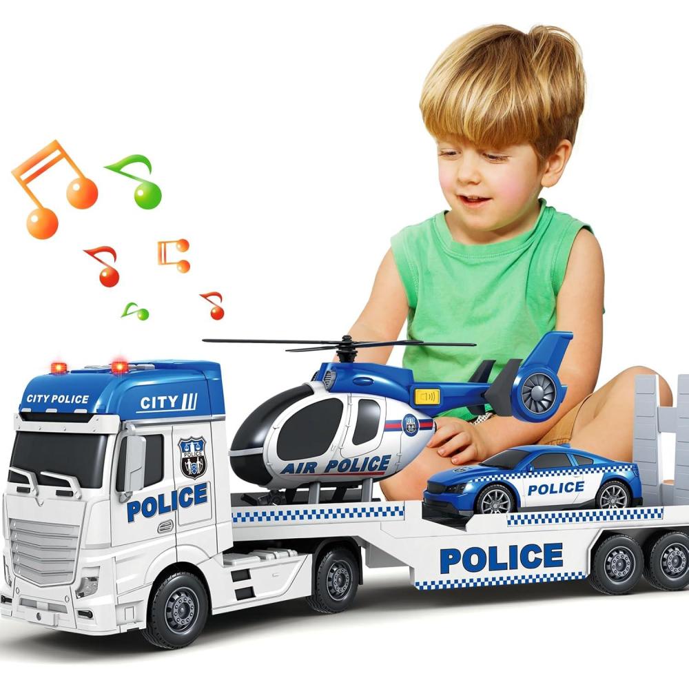image:imageSpringFlower Toddler Boy Toys 25 Large Police Truck Toy with Racing Car and Helicopter3 in 1 Police Car Boy Toy Christmas Birthday Gifts for Kids 3 4 5 6 Years OldPolice Truck
