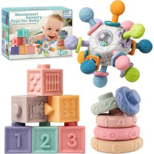 SpringFlower 3 in 1 Montessori Toys for Babies 0-3-6-12 Months, Rattle Teether & Baby Blocks & Soft Stacking Rings, Sensory Developmental Education Toys,Gift for Toddler Baby 0-3-6-12-18 Months