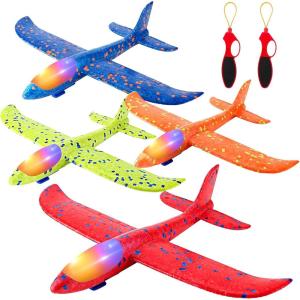 SpringFlower 4 Pack Airplane Flying Toys, 4 Throwing Foam Plane Toy for 3 4 5 6 7 8 Years Old Boys Kids, 2 Flight Modes LED Foam Glider Plane, Outdoor Flying Toy Birthday Gifts for for Boys & Girls(4 Airplane)