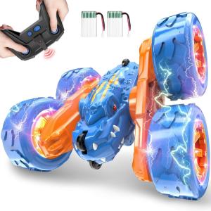 SpringFlower Remote Control Car Toy for Boys 3 4 5 6 7 8 Years Olds, Rechargeable Dinosaur RC Cars,360° Flip Double Sided RC Stunt Cars with Led Light,Dinosaur Toys for Kids Birthday Xmas Gifts,Green(Blue)