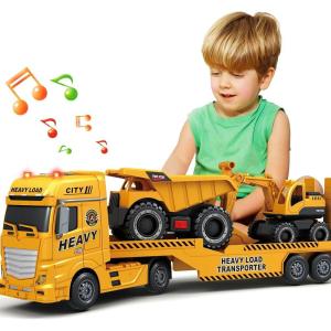 SpringFlower Toddler Boy Toys, 25″ Large Police Truck Toy with Racing Car and Helicopter,3 in 1 Police Car Boy Toy, Christmas Birthday Gifts for Kids 3 4 5 6 Years Old(Construction Truck)