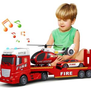 SpringFlower Toddler Boy Toys, 25″ Large Police Truck Toy with Racing Car and Helicopter,3 in 1 Police Car Boy Toy, Christmas Birthday Gifts for Kids 3 4 5 6 Years Old(Fire Truck)