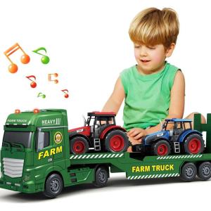 SpringFlower Toddler Boy Toys, 25″ Large Police Truck Toy with Racing Car and Helicopter,3 in 1 Police Car Boy Toy, Christmas Birthday Gifts for Kids 3 4 5 6 Years Old(Farm Truck)