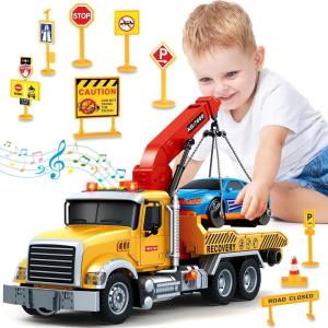 SpringFlower Toy for 3 4 5 6 7 Years Old Boy,15″ Large Garbage Truck Toys for Kids,Friction Powered Garbage Truck with Sound and Light, Trash Bins,Learning Cards,Birthday Gifts for Boys & Girls(Tow Truck)