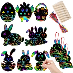 SpringFlower 64 Pieces Easter Crafts Scratch Paper Ornaments Easter Design Rainbow Scratch Craft Art, with 32 Pieces Wooden Styluses,64 Pieces Colorful Ribbons, for Easter DIY Art Decorations
